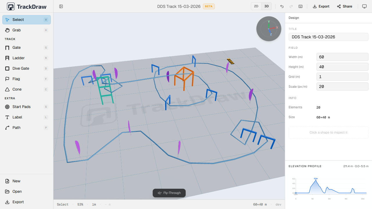 TrackDraw 3D preview showing the course flow and elevation