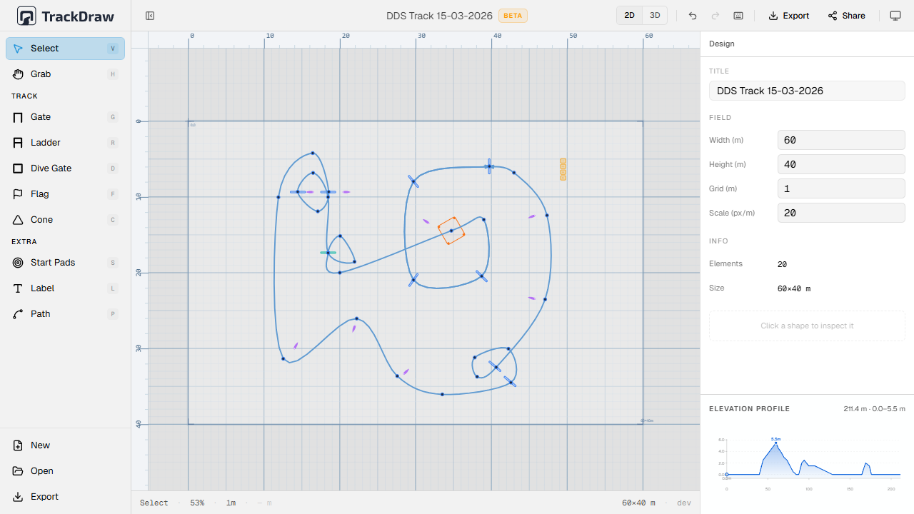 TrackDraw 2D layout editor with obstacle library and course plan